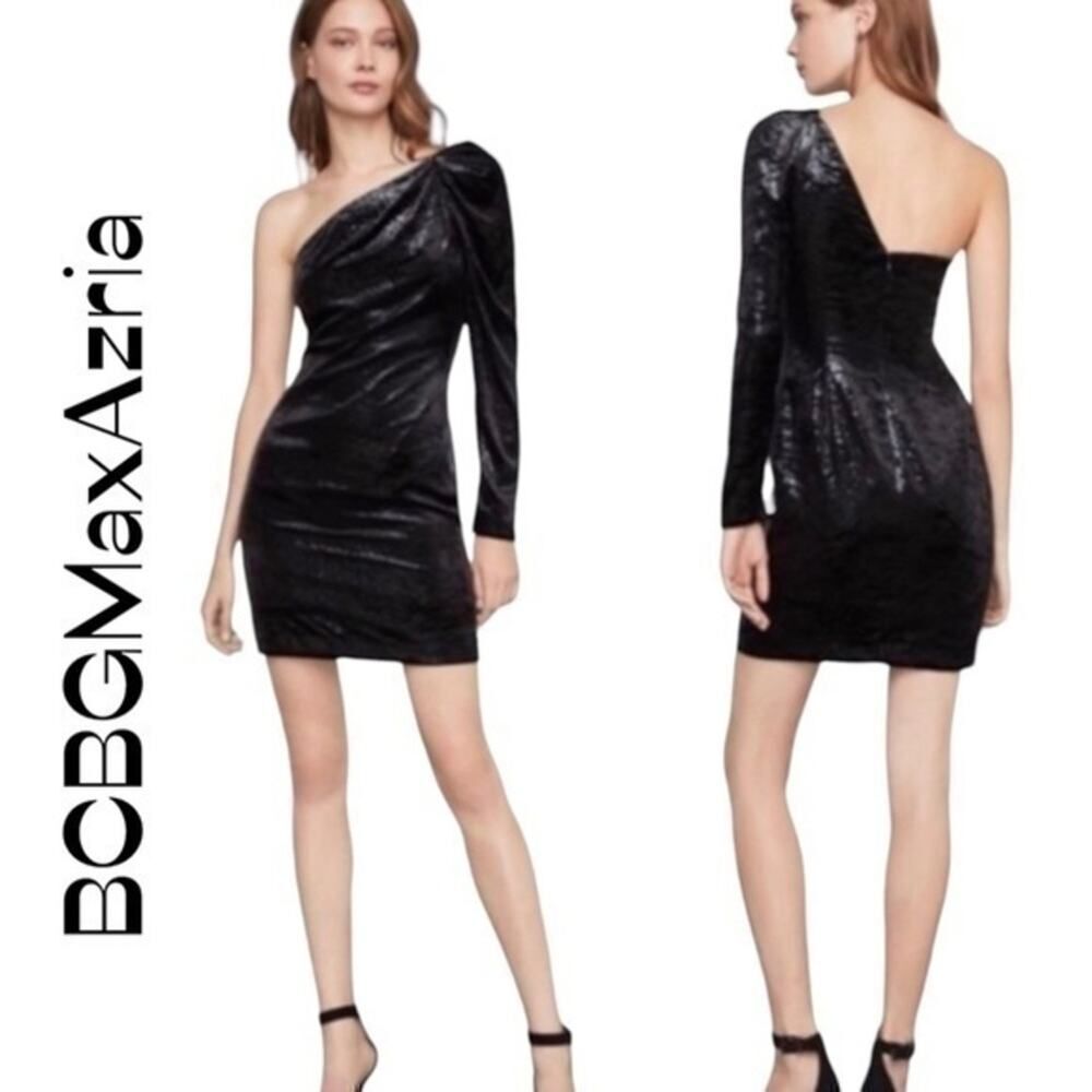 BCBGMaxAzria One Shoulder Metallic Black Dress NWT Size 0 Romantic Sexy